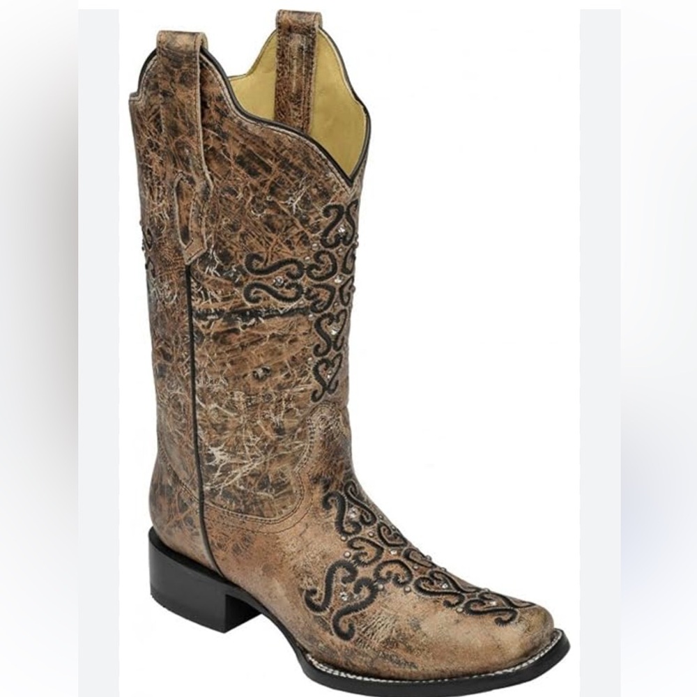 Corral Women's Distressed Brown Crystal Embroidered Square Toe Cowgirl …